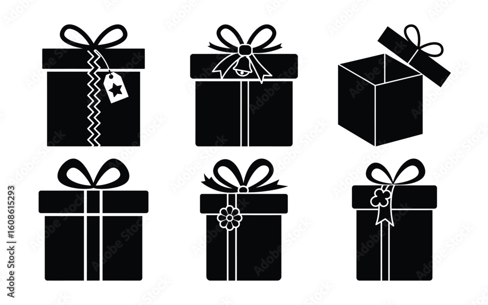 A collection of six black gift boxes with decorative ribbons and bows isolated on white background, ideal for festive events A collection of six black gift boxes with decorative ribbons and bows isolated on white background, ideal for festive events