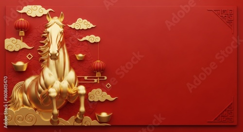 Golden Horse with Chinese New Year Elements on Red Background