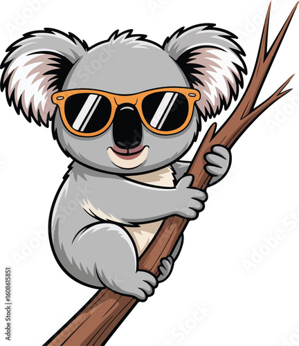 A cartoon koala wearing sunglasses, hanging on a tree branch Transparent png vector
