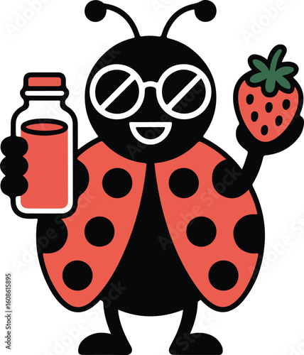 ladybug happily holding a strawberry and a drink. Transparent png vector