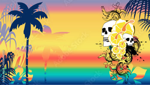 tropical hawaiian skull tattoo background banner illustration in vector art