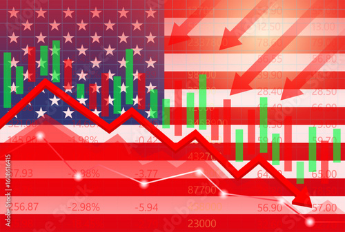 United State Economy. Flag of United State with Falling Financial Graph. Economic Crisis and Global Recession Concept. Vector Illustration.  
