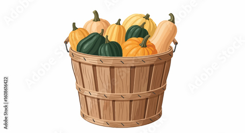 Wooden bushel basket overflowing with a vibrant variety of fresh autumn squash and pumpkins, perfect for fall harvest and Thanksgiving decor.