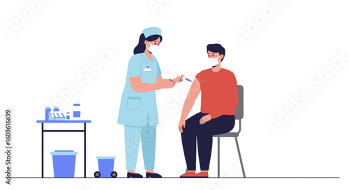 Nurse administering vaccine to a patient wearing a mask, healthcare in action, preventing illness concept