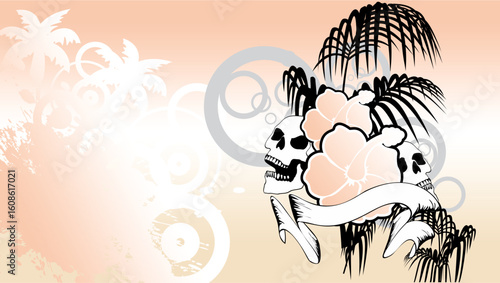 tropical hawaiian skull tattoo background banner illustration in vector art