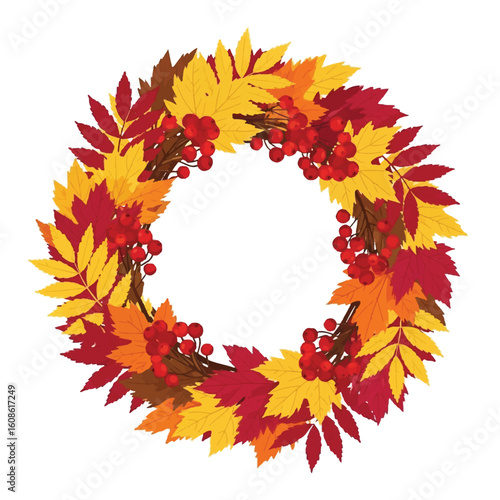 Autumnal Wreath with Vibrant Fall Leaves and Red Berries - Seasonal Decoration for Autumn Equinox, Harvest & Thanksgiving
