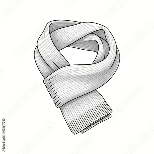 Cozy knitted scarf vector illustration for autumn and winter fashion. Warm woolen accessory line art for cold weather apparel.