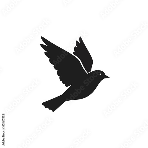 Black bird silhouette in flight. Minimalist vector icon symbolizing peace, freedom, nature, and movement, ideal for diverse designs.