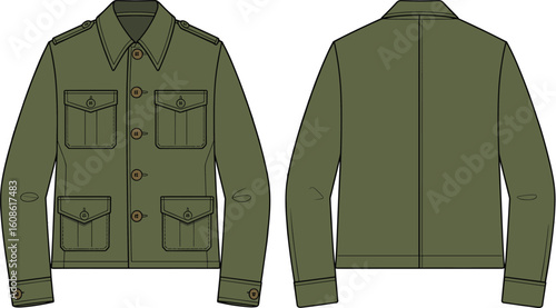 Military style utility jacket flat sketch, green front and back cad drawing, outerwear fashion technical vector for menswear apparel