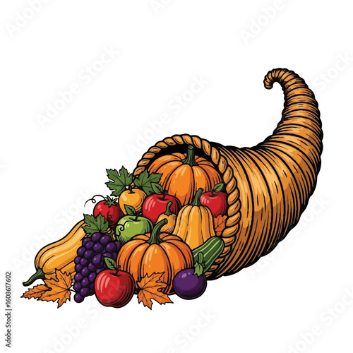 Autumnal Cornucopia Illustration: Abundant Harvest of Fall Fruits & Vegetables. Perfect for Thanksgiving & Autumnal Equinox Designs.
