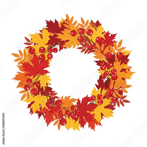 Autumn Wreath with Vibrant Fall Leaves and Red Berries. Seasonal Decoration for Autumnal Equinox, Harvest, and Thanksgiving.