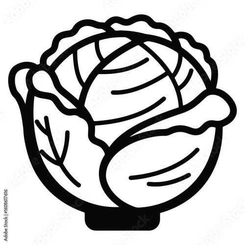 Simple black and white illustration of a fresh head of cabbage for culinary or nutritional use
