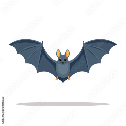 A cute cartoon bat illustration flying with open wings. A friendly nocturnal mammal character, isolated vector graphic element.