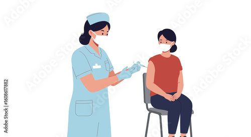Nurse administering vaccine shot to patient providing immunity and protection against illness at clinic
