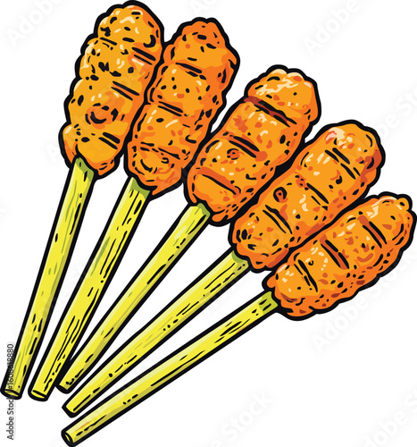 A detailed vector illustration of Sate Lilit, a traditional Balinese satay