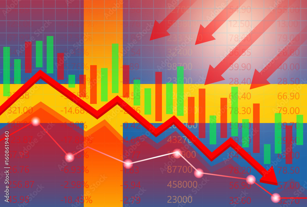 Fototapeta premium Sweden Economy. Flag of Sweden with Falling Financial Graph. Economic Crisis and Global Recession Concept. Vector Illustration. 