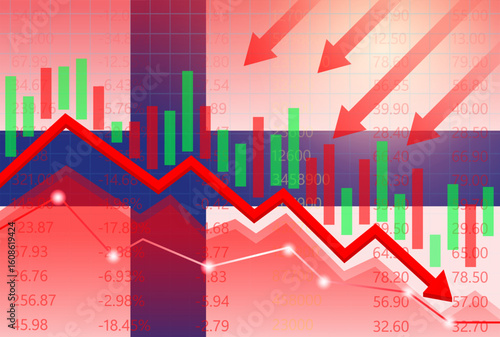 Finland Economy. Flag of Finland with Falling Financial Graph. Economic Crisis and Global Recession Concept. Vector Illustration.  