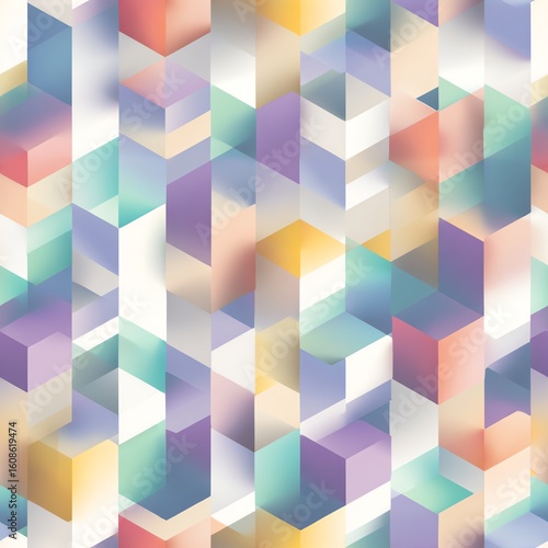 Seamless Colorful abstract geometric pattern with cubes in soft pastel shades.