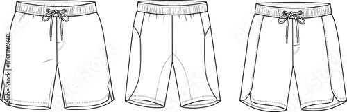 Men’s swim trunks fashion flat sketch, technical vector drawing template, swim shorts design with drawstring, board shorts CAD.