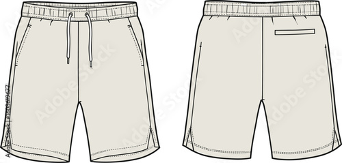 Men’s shorts, CAD fashion sketch, technical flat drawing, drawstring waist, zipper pockets, back welt pocket, front and back view.