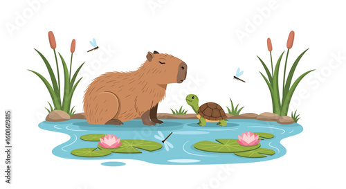 Cute cartoon capybara and small turtle resting in a tranquil pond with lily pads and dragonflies. Adorable animal friendship illustration.