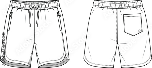 Men's sports shorts, vector fashion sketch, front back view, technical drawing, flat sketch, casual activewear, zipper pockets, drawstring waistband, stylish shorts design