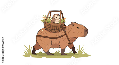 A charming illustration of a friendly capybara carrying a small owl in a basket. A whimsical depiction of animal friendship and travel.