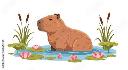 An adorable capybara illustration, showing the relaxed rodent bathing in a serene pond surrounded by pink water lilies and reeds.
