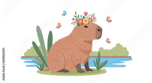 An adorable capybara illustration, showing the relaxed rodent bathing in a serene pond surrounded by pink water lilies and reeds.