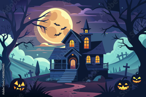 A spooky haunted house sits under a full moon on halloween night
