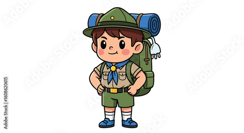 Cartoon illustration of a smiling boy scout wearing a uniform, hat, and backpack with a sleeping bag, standing confidently.