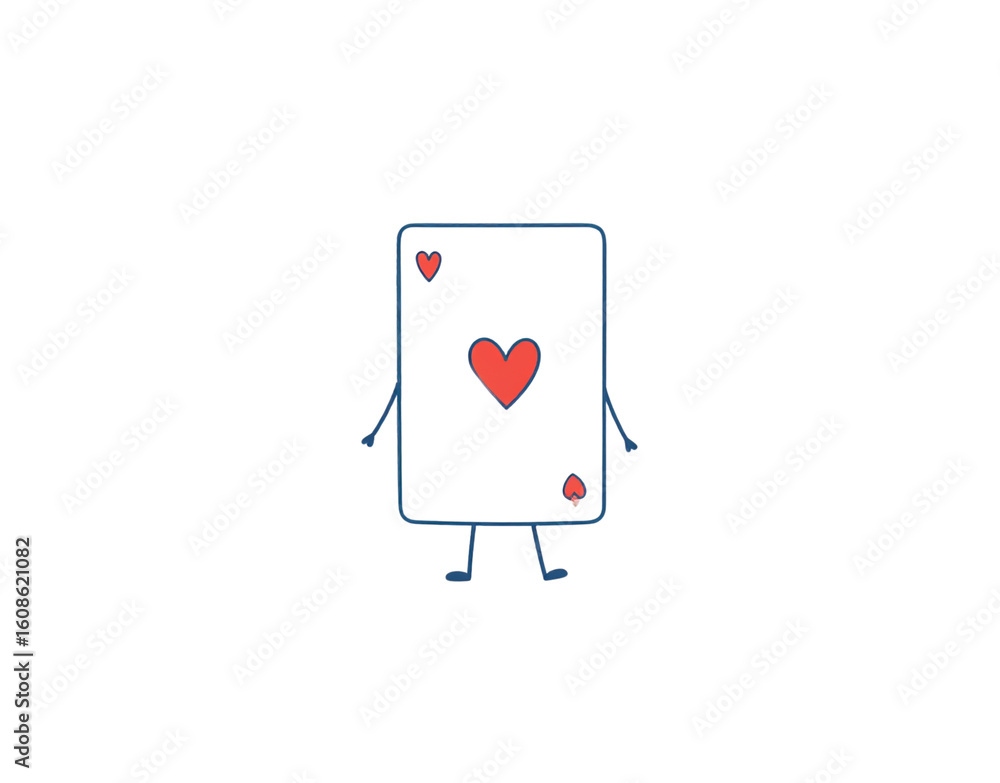 Obraz premium Charming doodle of an anthropomorphic Ace of Hearts playing card character with simple stick limbs and a blue outline.