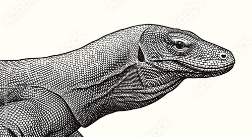 Detailed engraving of a Komodo dragon head and upper body, showcasing intricate scale patterns and reptilian features against a plain background.