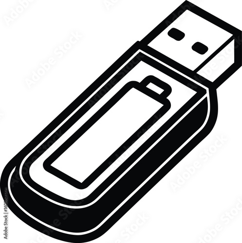 Black and white silhouette of a usb flash drive isolated on transparent background