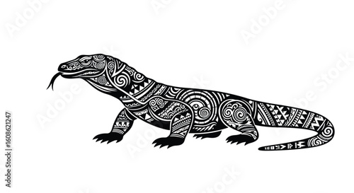 Ornate Komodo dragon illustration with tribal-style patterns, tongue extended, isolated on white background.