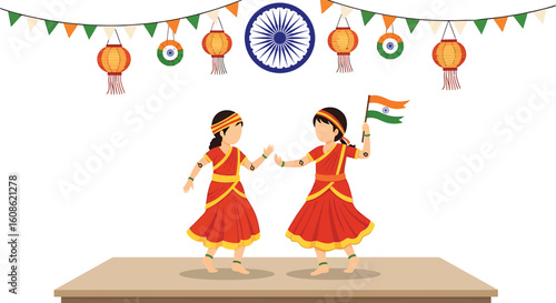 Two young girls in traditional Indian attire dance on a stage, celebrating with an Indian flag and festive decorations.