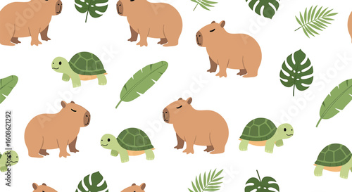 Seamless pattern featuring cartoon capybaras and turtles interspersed with various green tropical leaves on a white background.