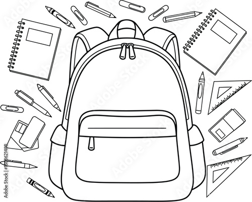 Vector art of outline drawing of a backpack surrounded by school supplies items