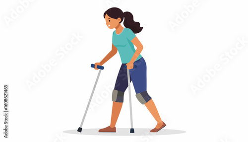 Recovering woman smiling uses crutches to walk after injury, embracing strength and mobility with determination