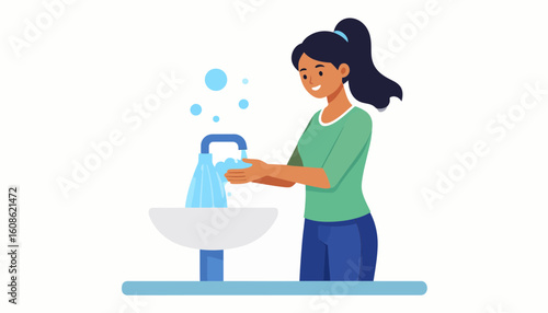 Young woman washing hands under running water, promoting hygiene and preventing germs spread easily