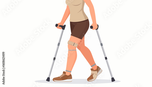 Woman walking with crutches, knee brace assisting mobility towards recovery and wellness lifestyle