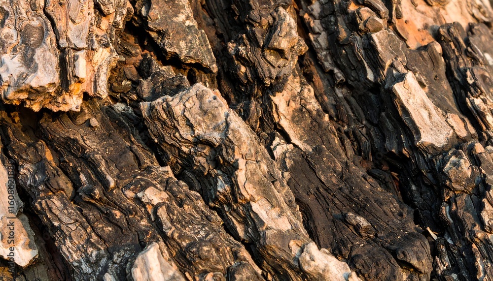 Close-up of dark, textured tree bark with deep fissures and varying shades of brown and black Close-up of dark, textured tree bark with deep fissures and varying shades of brown and black