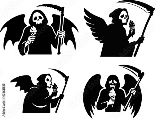 Winged Grim Reaper Eating Ice Cream Silhouette Logo