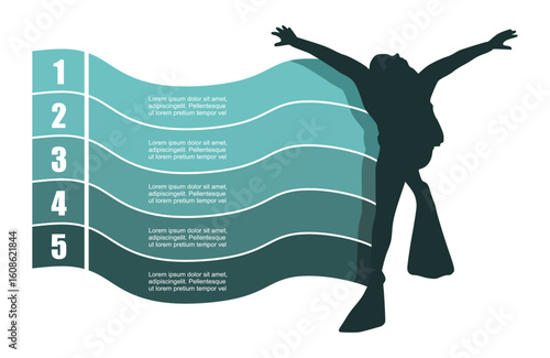 Silhouette of diver with five features or option of project to select. Minimal infographic illustration for sport and leisure activity information visualization.