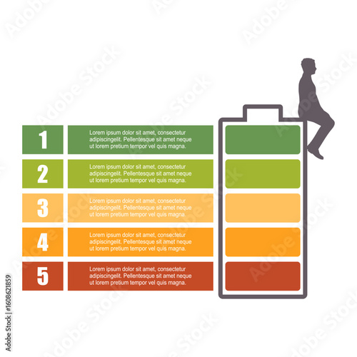 Businessman sitting on high full level energy battery with five features or option of project to select. Minimal infographic illustration for business and health care information visualization.