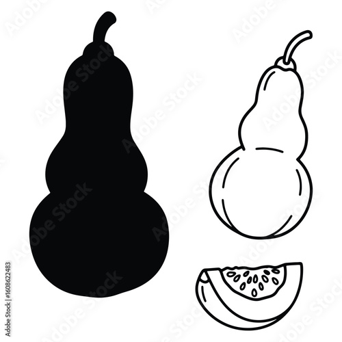 Simple line art illustration of a calabash gourd featuring different graphic styles