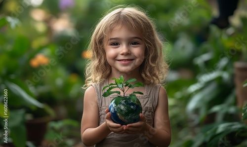 Happy Earth Day concept. Young child holding the Earth in their hands, symbolizing the responsibility of the next generation to protect the environment. This image promotes climate, Generative AI