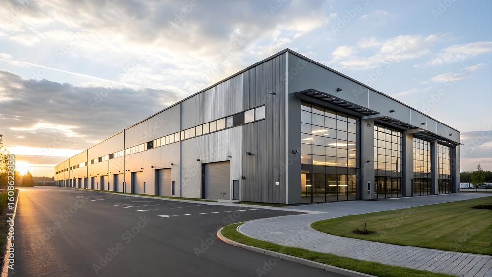 Modern Industrial Warehouse Exterior at Sunset with Large Loading Bays and Glass Facade Modern Industrial Warehouse Exterior at Sunset with Large Loading Bays and Glass Facade