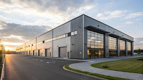 Modern Industrial Warehouse Exterior at Sunset with Large Loading Bays and Glass Facade