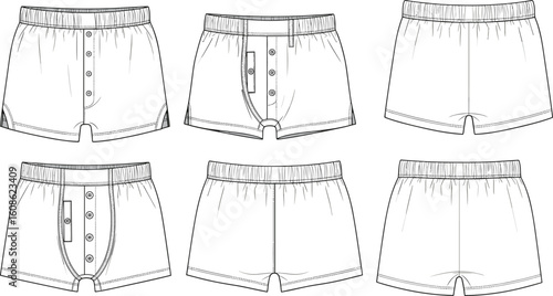 Men's boxer shorts cad template, flat technical fashion drawing, front and back view, button fly, elastic waistband design
